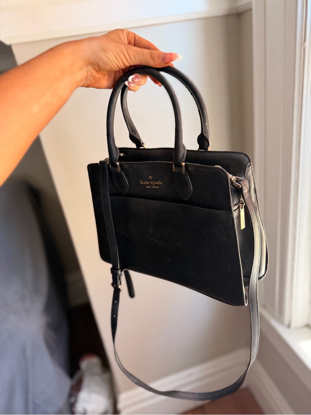 kate spade Black Leather Structured Satchel with Detachable Strap